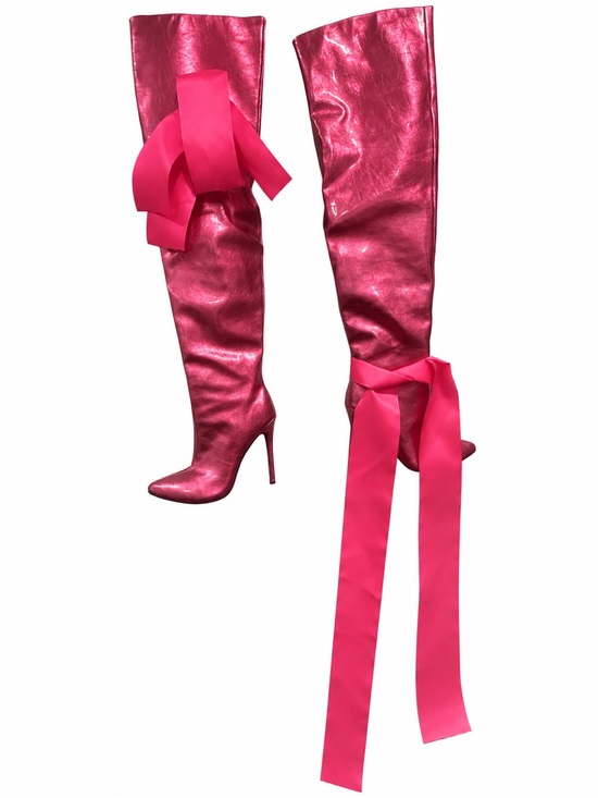 Handmade Shoes - Metallic Fuchsia Over-the-Knee Stiletto Boots with Ribbon Accent